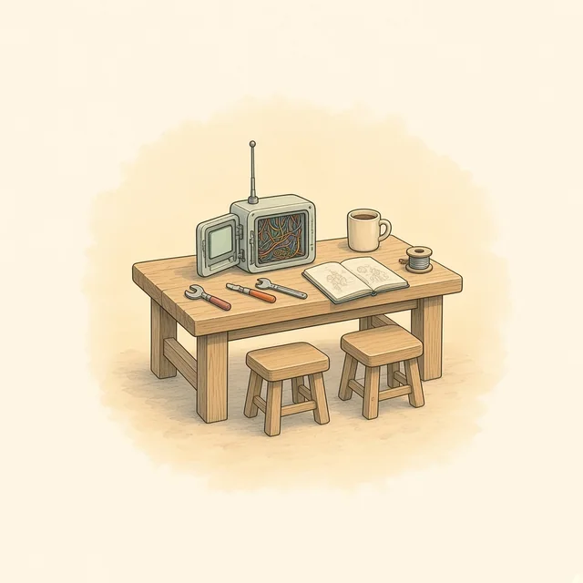 Watercolor of a wooden workbench with two empty stools and a half-built gadget, tools, a mug and a sketchbook