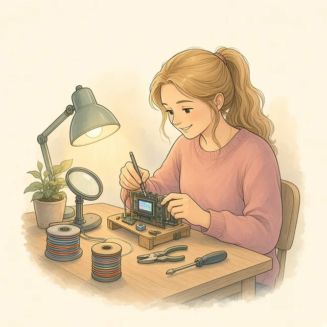 Watercolor of Jessyka at her workbench soldering a small electronics board with a tiny glowing screen, under a warm desk lamp